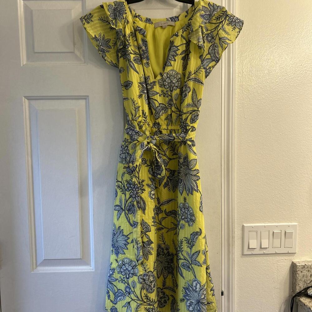 Loft Womens Trellis Garden Ruffle Sleeve Midi Dress Size XS Yellow Blue Floral